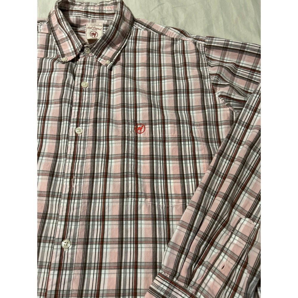 Red Camel Men's Long Sleeve Plaid Button Down‎ Shirt Size L Pink Brown White - Picture 3 of 8